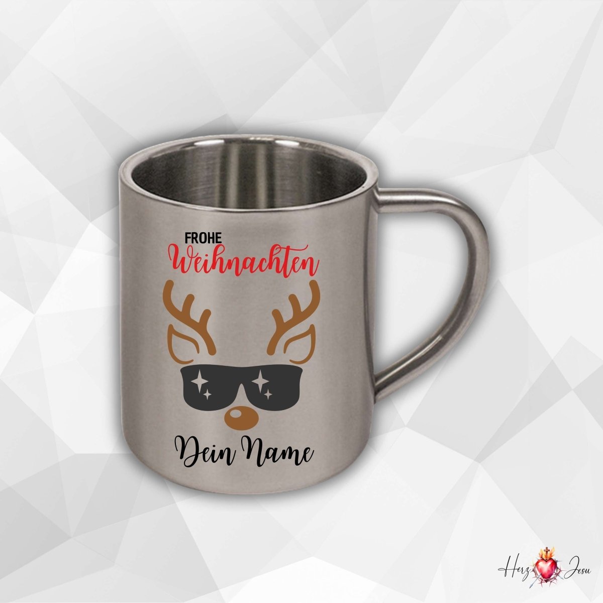 Personalisierte Edelstahl Tasse mit Namen Kaffeetasse Geschenkidee Camping Weihnachtsmotiv Rentier Motiv_022K - Herz Jesu