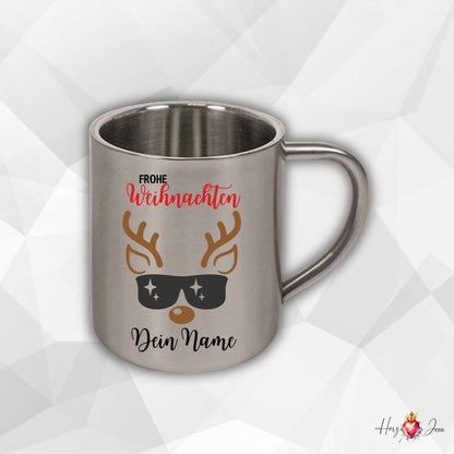 Personalisierte Edelstahl Tasse mit Namen Kaffeetasse Geschenkidee Camping Weihnachtsmotiv Rentier Motiv_022K - Herz Jesu