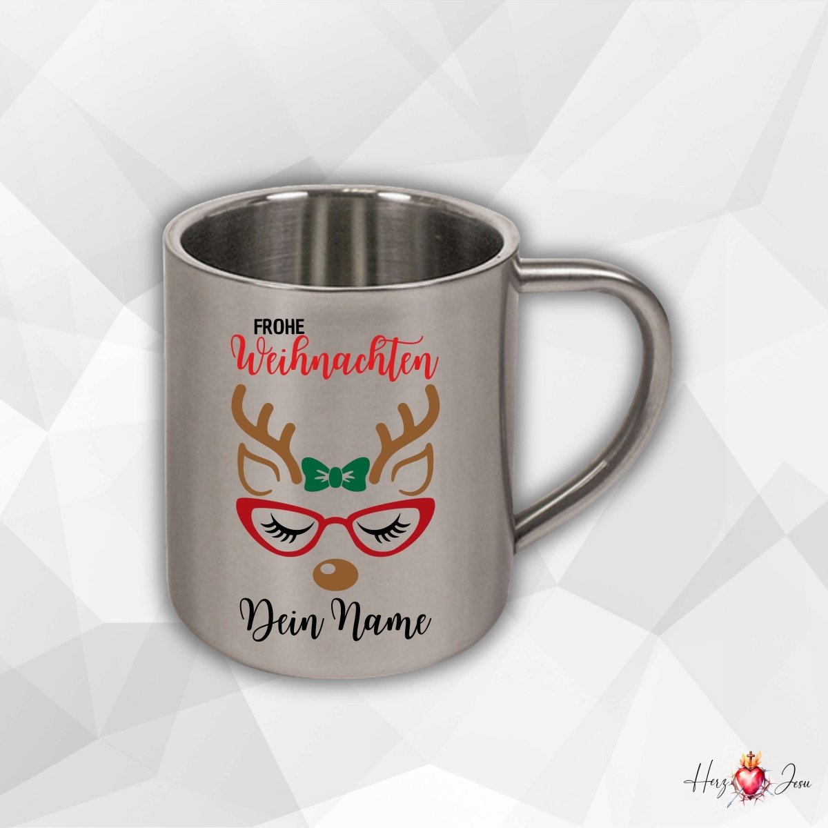 Personalisierte Edelstahl Tasse mit Namen Kaffeetasse Geschenkidee Camping Weihnachtsmotiv Rentier Motiv_022K - Herz Jesu