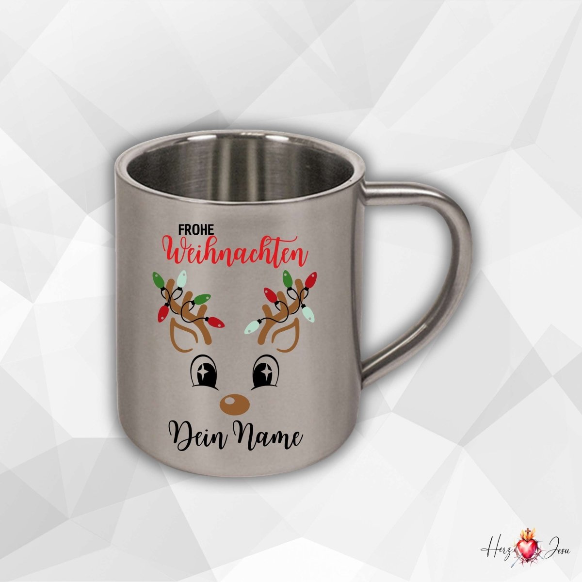 Personalisierte Edelstahl Tasse mit Namen Kaffeetasse Geschenkidee Camping Weihnachtsmotiv Rentier Motiv_022K - Herz Jesu