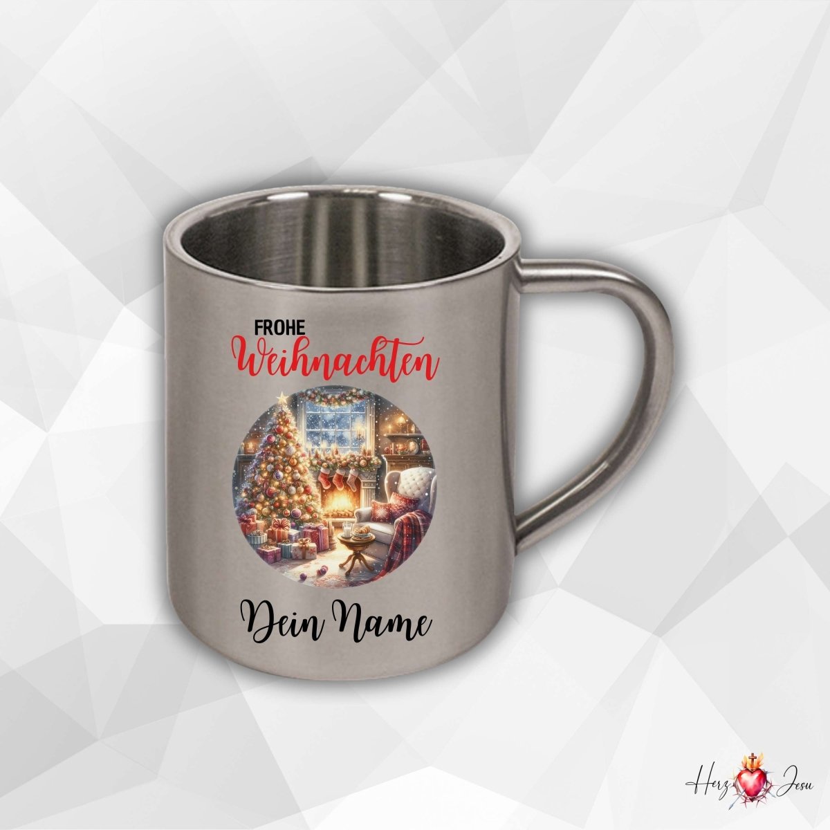 Personalisierte Edelstahl Tasse mit Namen Kaffeetasse Geschenkidee Camping Weihnachtsmotiv Rentier Motiv_023K - Herz Jesu