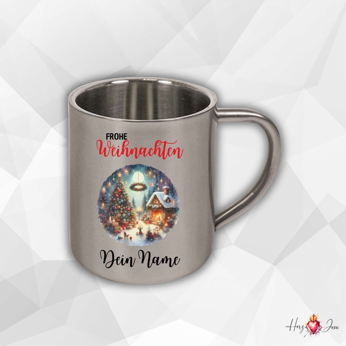Personalisierte Edelstahl Tasse mit Namen Kaffeetasse Geschenkidee Camping Weihnachtsmotiv Rentier Motiv_023K - Herz Jesu