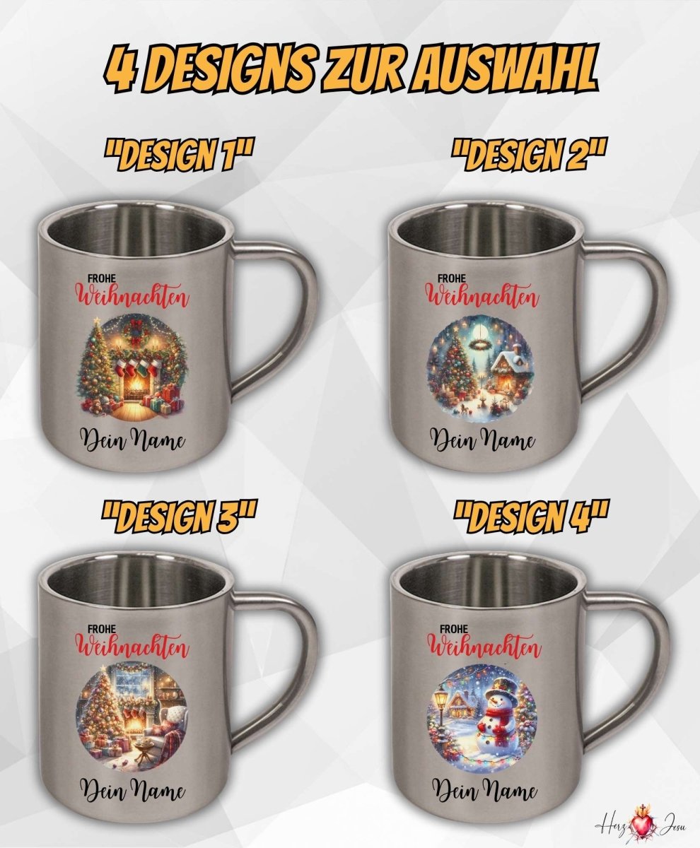 Personalisierte Edelstahl Tasse mit Namen Kaffeetasse Geschenkidee Camping Weihnachtsmotiv Rentier Motiv_023K - Herz Jesu