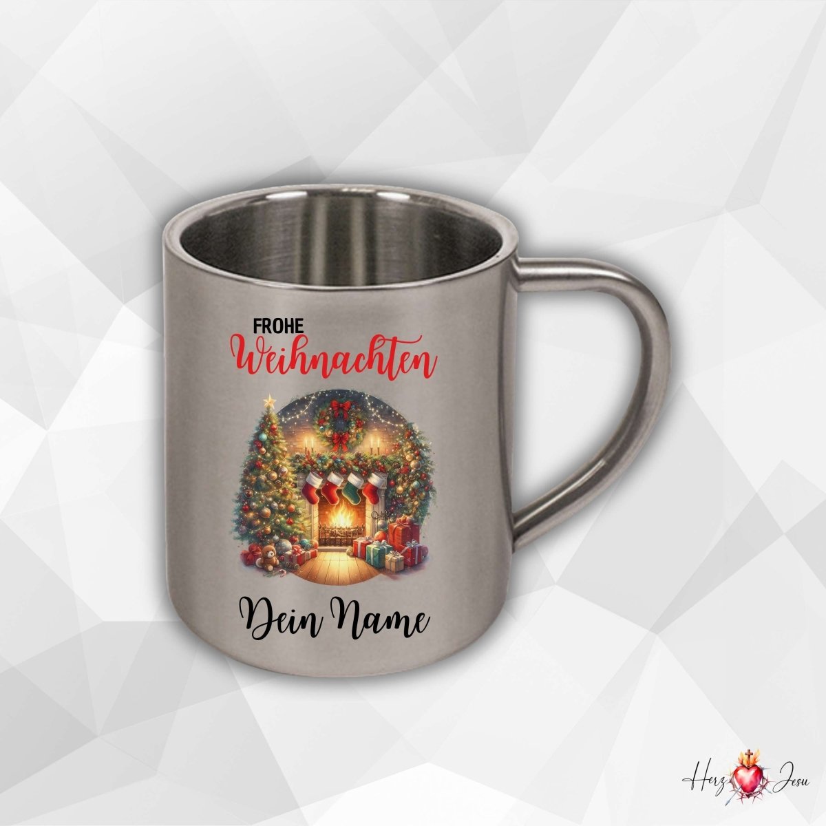 Personalisierte Edelstahl Tasse mit Namen Kaffeetasse Geschenkidee Camping Weihnachtsmotiv Rentier Motiv_023K - Herz Jesu