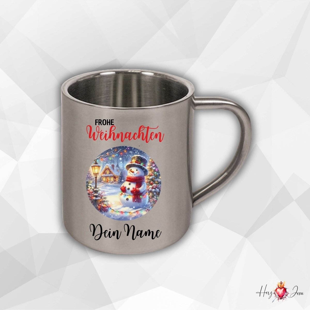 Personalisierte Edelstahl Tasse mit Namen Kaffeetasse Geschenkidee Camping Weihnachtsmotiv Rentier Motiv_023K - Herz Jesu