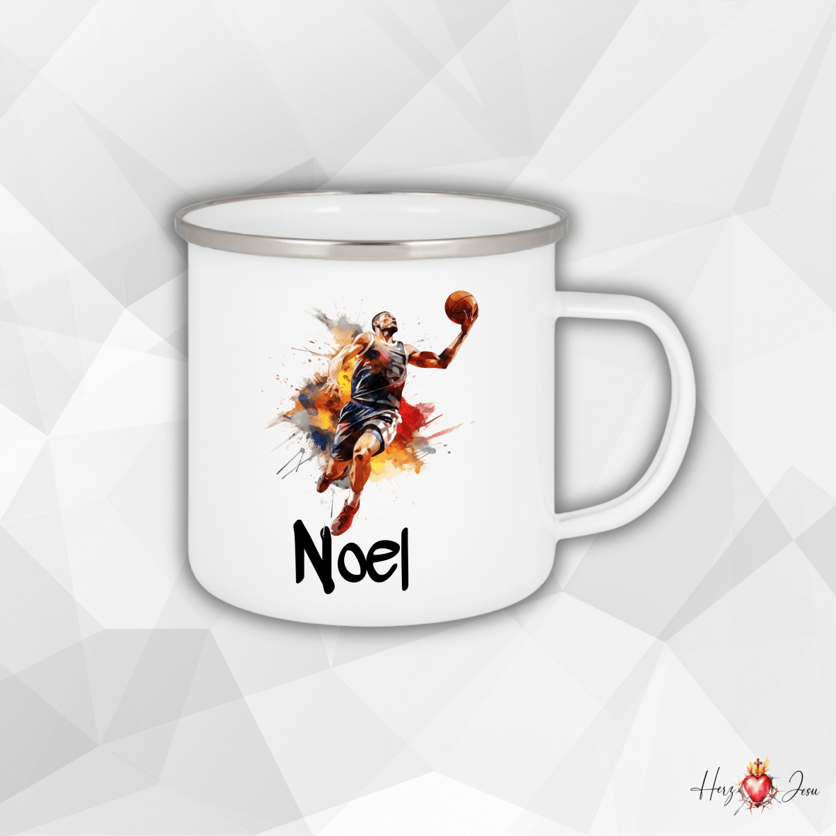 Personalisierte Emaille Tasse mit Namen Basketball Kindertasse Edelstahl Tasse_023H - Herz Jesu