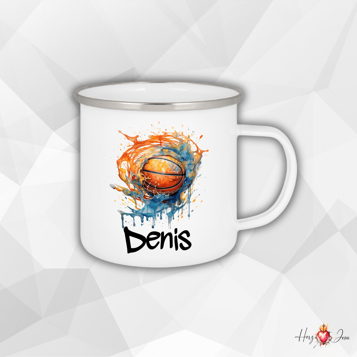 Personalisierte Emaille Tasse mit Namen Basketball Kindertasse Edelstahl Tasse_023H - Herz Jesu