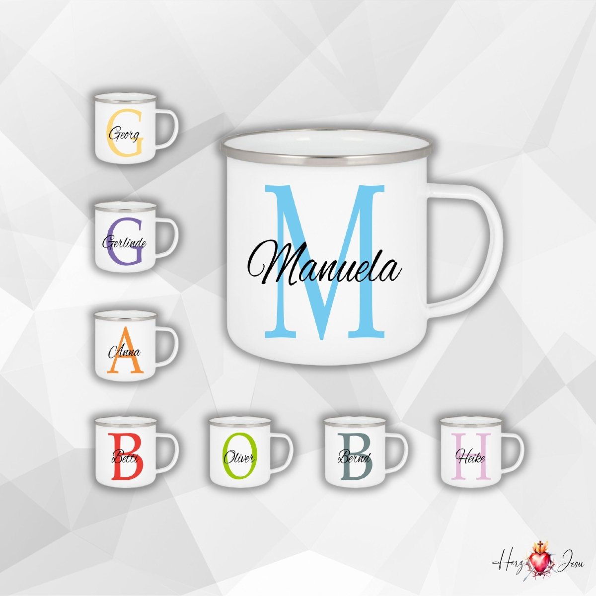 Personalisierte Emaille Tasse mit Namen Edelstahl Tasse_006H - Herz Jesu