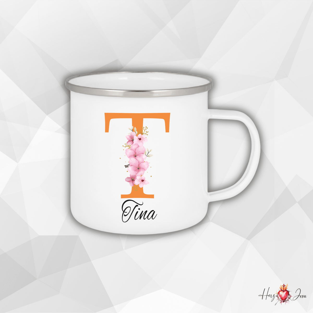 Personalisierte Emaille Tasse mit Namen Edelstahl Tasse_024H - Herz Jesu