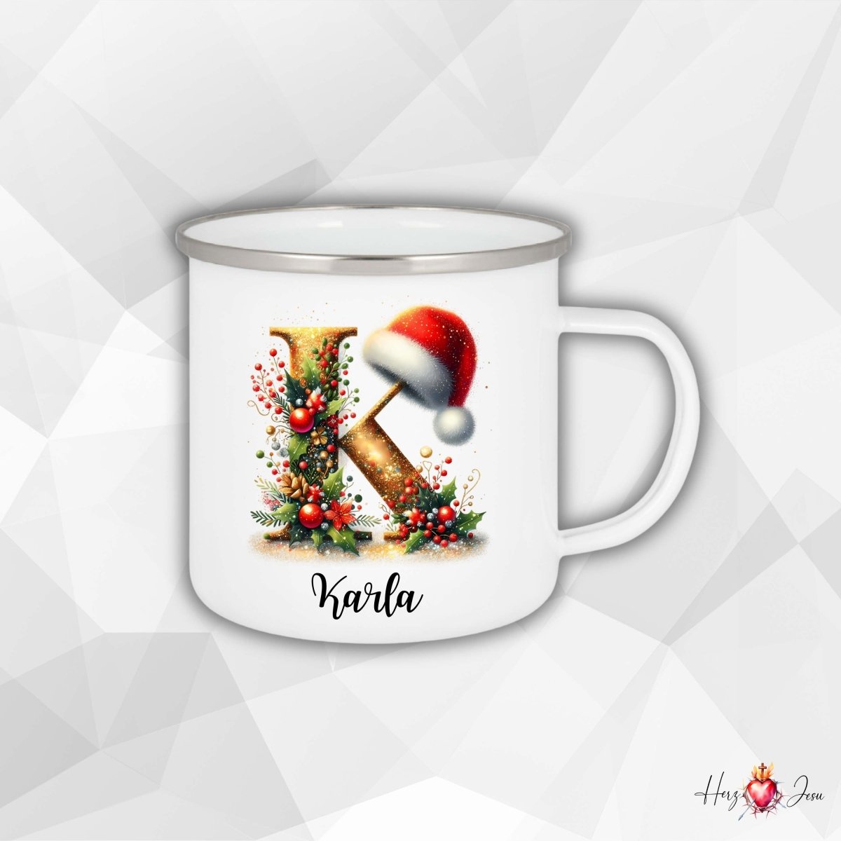 Personalisierte Emaille Tasse mit Namen Edelstahl Tasse Weihnachtstasse personalisiert Buchstaben Design als Geschenkidee_0027H - Herz Jesu
