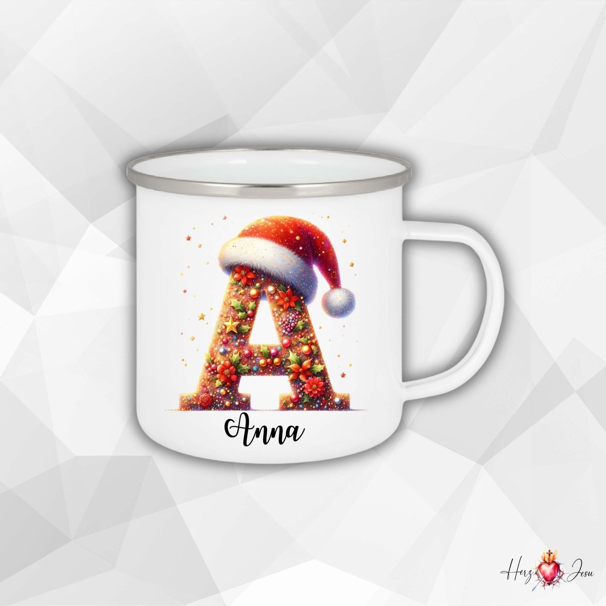 Personalisierte Emaille Tasse mit Namen Edelstahl Tasse Weihnachtstasse personalisiert Buchstaben Design als Geschenkidee_0027H - Herz Jesu
