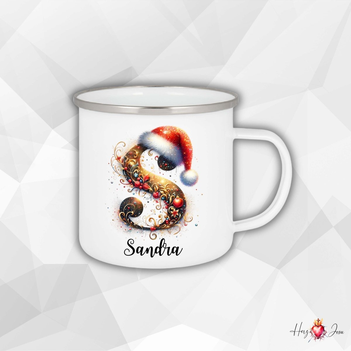 Personalisierte Emaille Tasse mit Namen Edelstahl Tasse Weihnachtstasse personalisiert Buchstaben Design als Geschenkidee_0027H - Herz Jesu