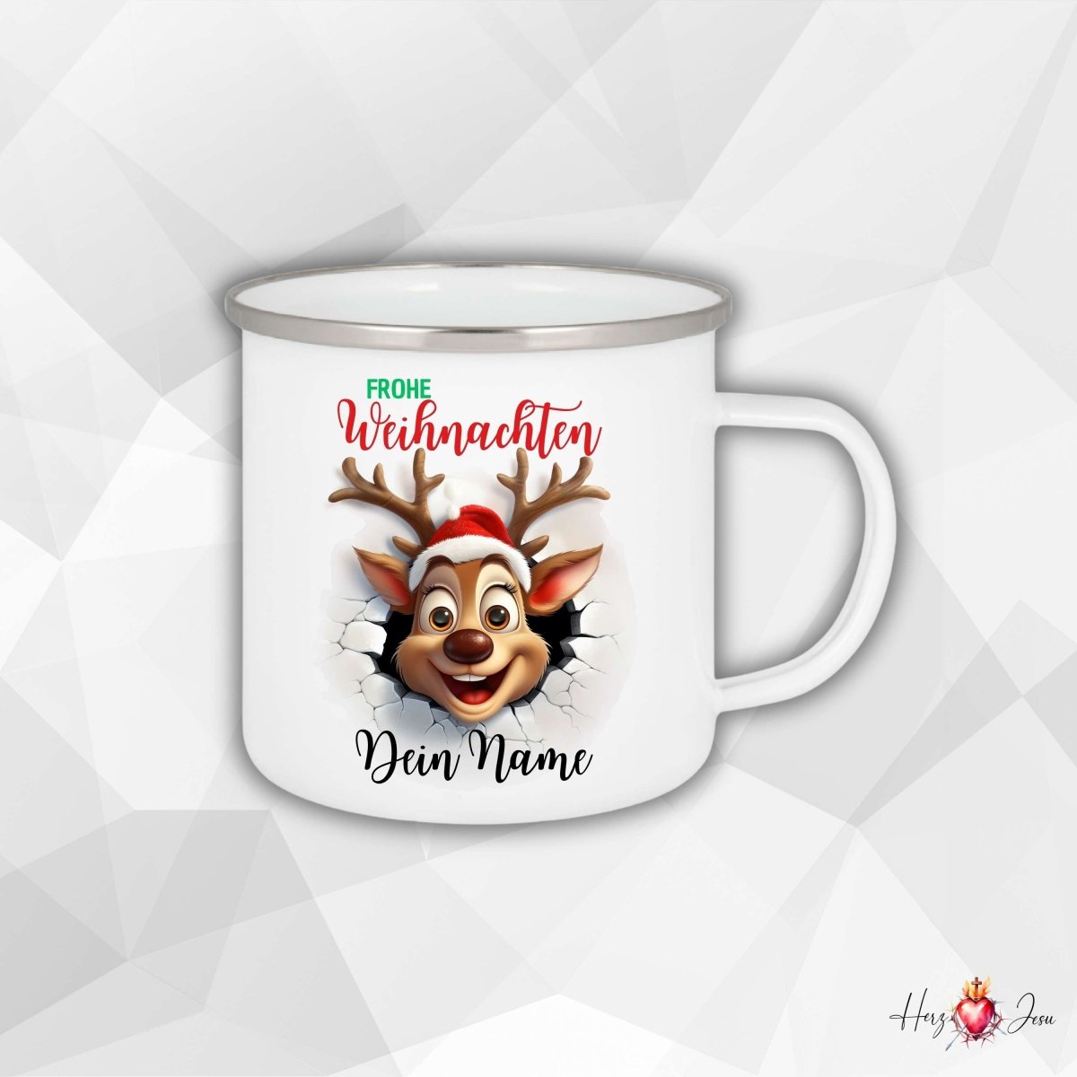Personalisierte Emaille Tasse mit Namen Edelstahl Tasse Weihnachtstasse personalisiert Rentier Design als Geschenkidee_0025H - Herz Jesu