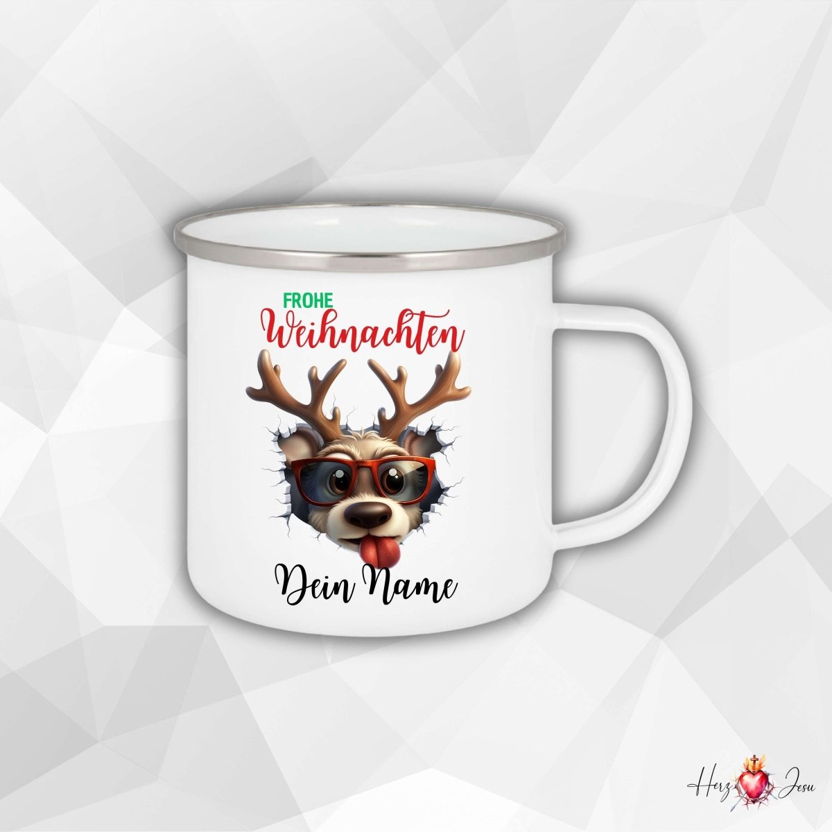 Personalisierte Emaille Tasse mit Namen Edelstahl Tasse Weihnachtstasse personalisiert Rentier Design als Geschenkidee_0025H - Herz Jesu