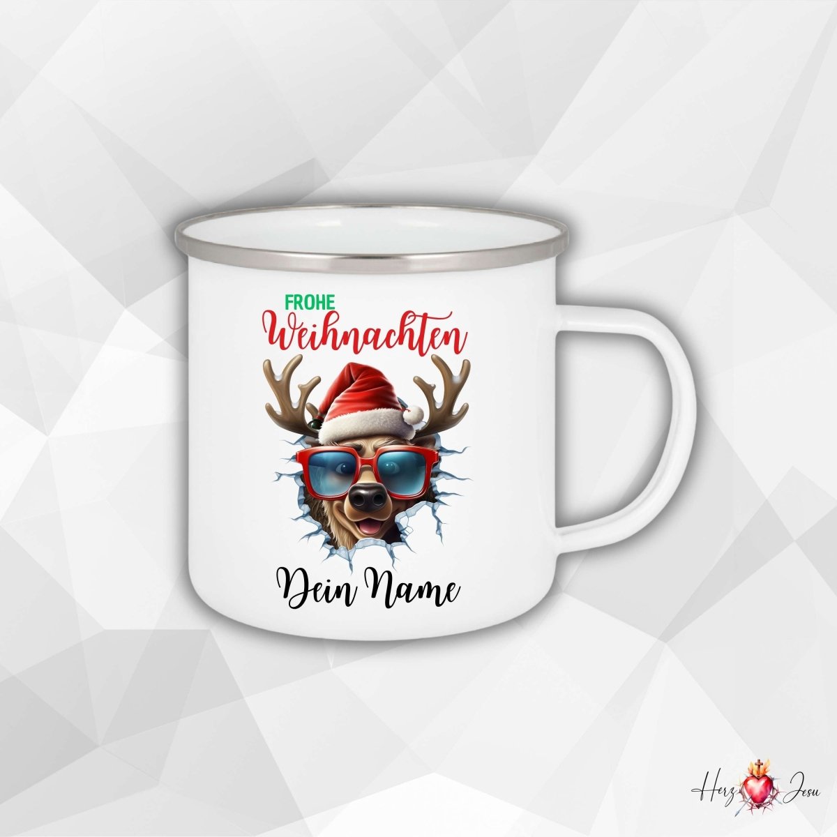 Personalisierte Emaille Tasse mit Namen Edelstahl Tasse Weihnachtstasse personalisiert Rentier Design als Geschenkidee_0025H - Herz Jesu