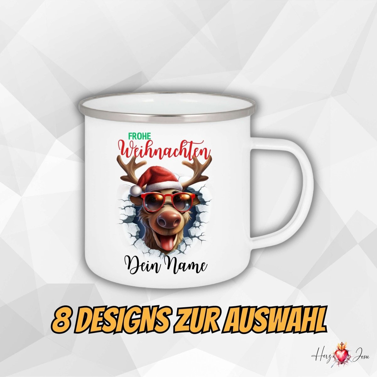 Personalisierte Emaille Tasse mit Namen Edelstahl Tasse Weihnachtstasse personalisiert Rentier Design als Geschenkidee_0025H - Herz Jesu