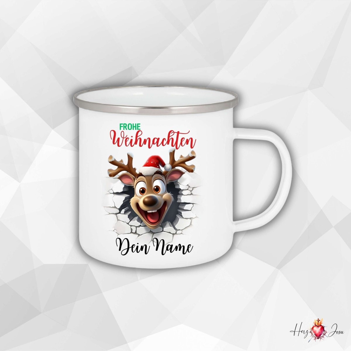 Personalisierte Emaille Tasse mit Namen Edelstahl Tasse Weihnachtstasse personalisiert Rentier Design als Geschenkidee_0025H - Herz Jesu