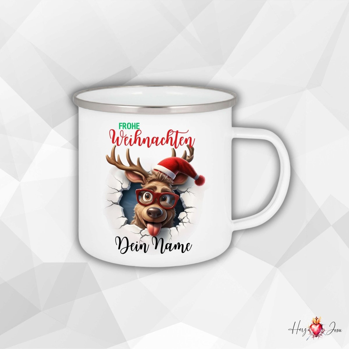 Personalisierte Emaille Tasse mit Namen Edelstahl Tasse Weihnachtstasse personalisiert Rentier Design als Geschenkidee_0025H - Herz Jesu