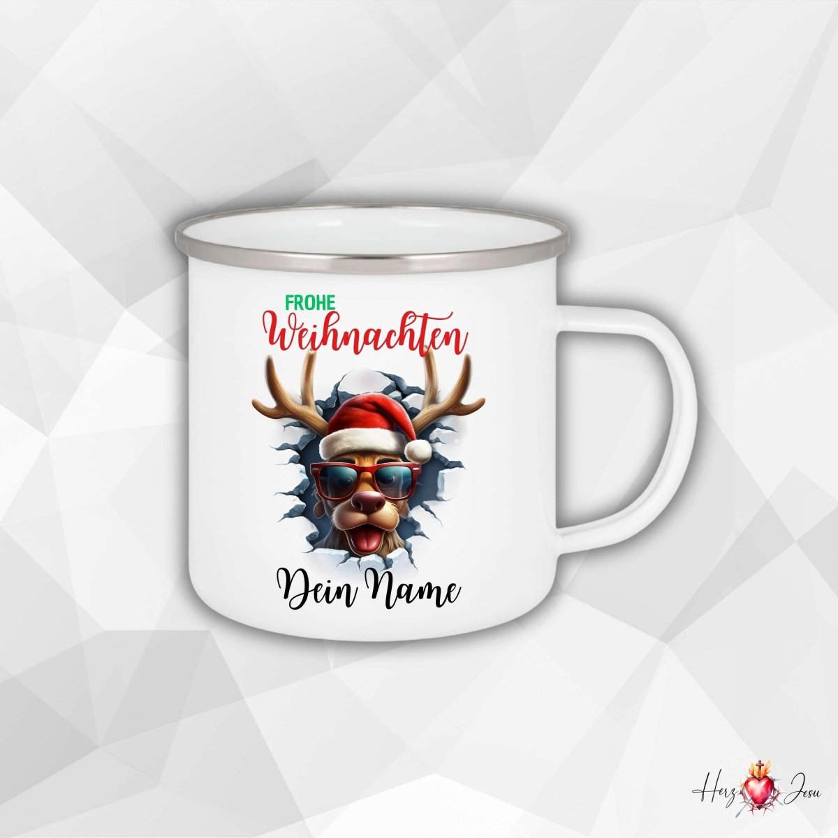 Personalisierte Emaille Tasse mit Namen Edelstahl Tasse Weihnachtstasse personalisiert Rentier Design als Geschenkidee_0025H - Herz Jesu