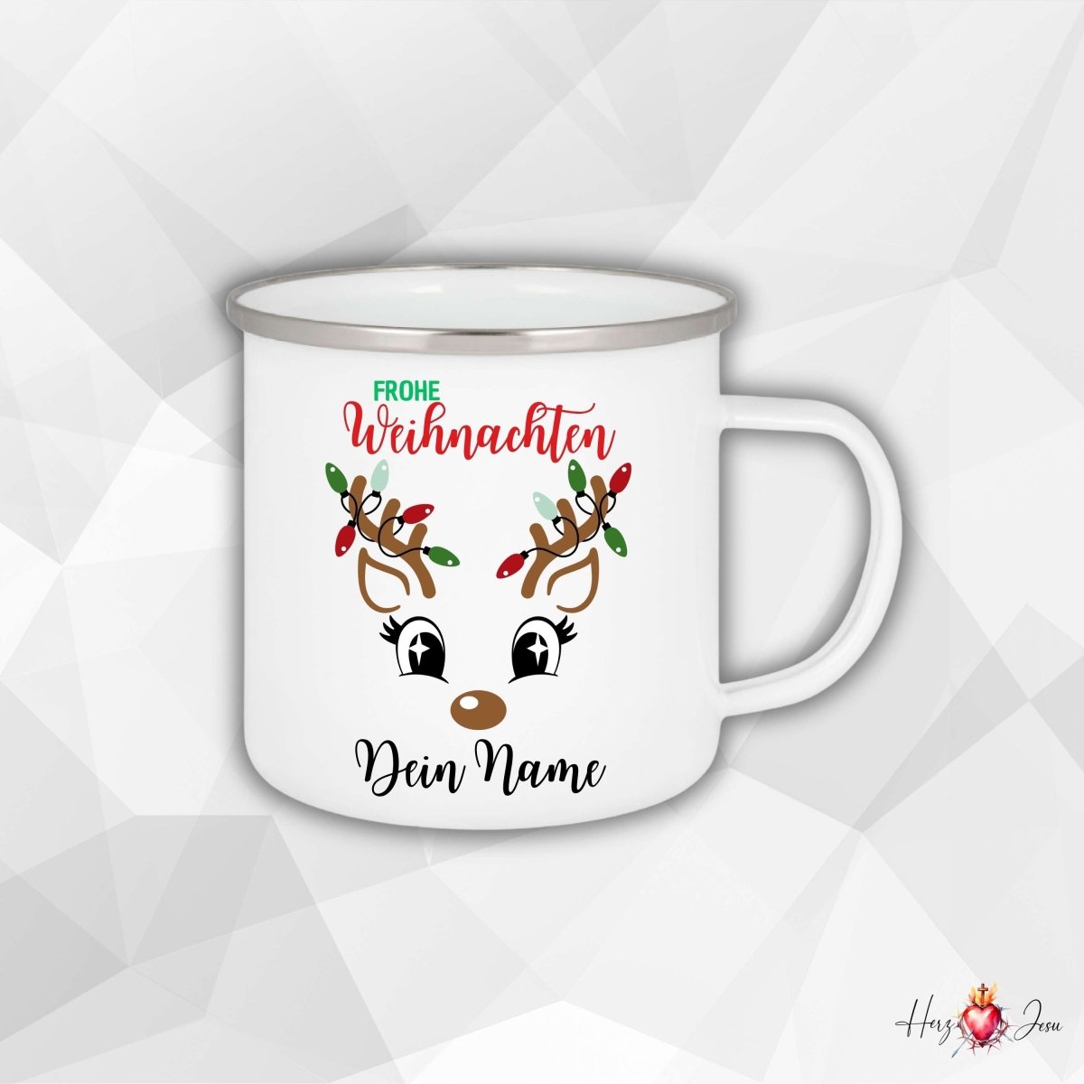 Personalisierte Emaille Tasse mit Namen Edelstahl Tasse Weihnachtstasse personalisiert Rentier Design als Geschenkidee_0028H - Herz Jesu