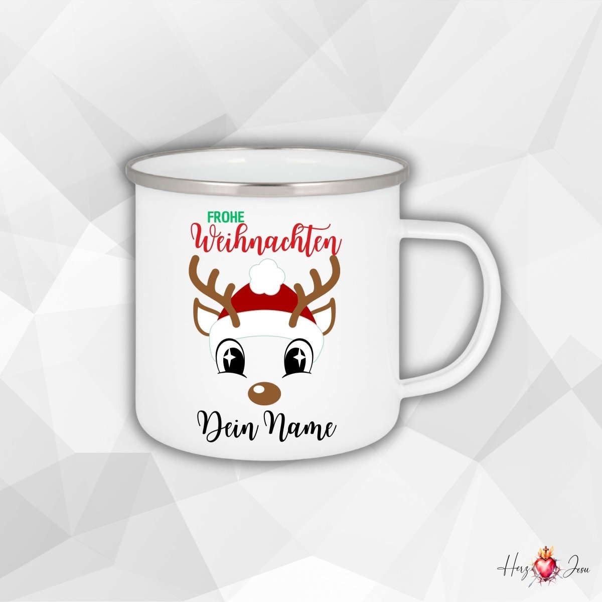 Personalisierte Emaille Tasse mit Namen Edelstahl Tasse Weihnachtstasse personalisiert Rentier Design als Geschenkidee_0028H - Herz Jesu