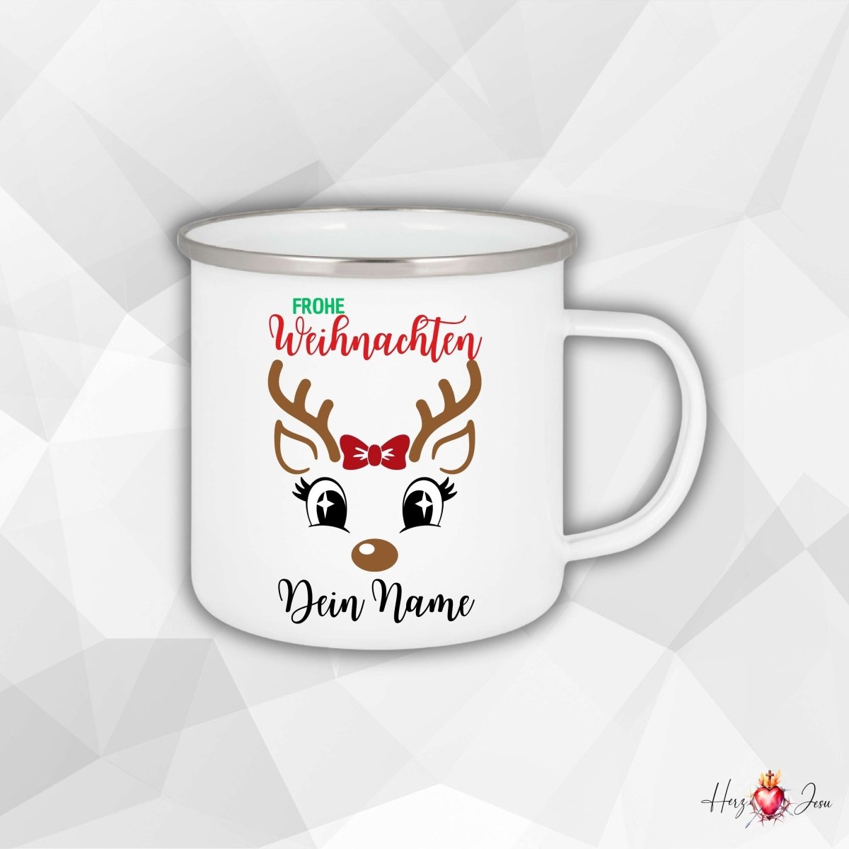 Personalisierte Emaille Tasse mit Namen Edelstahl Tasse Weihnachtstasse personalisiert Rentier Design als Geschenkidee_0028H - Herz Jesu