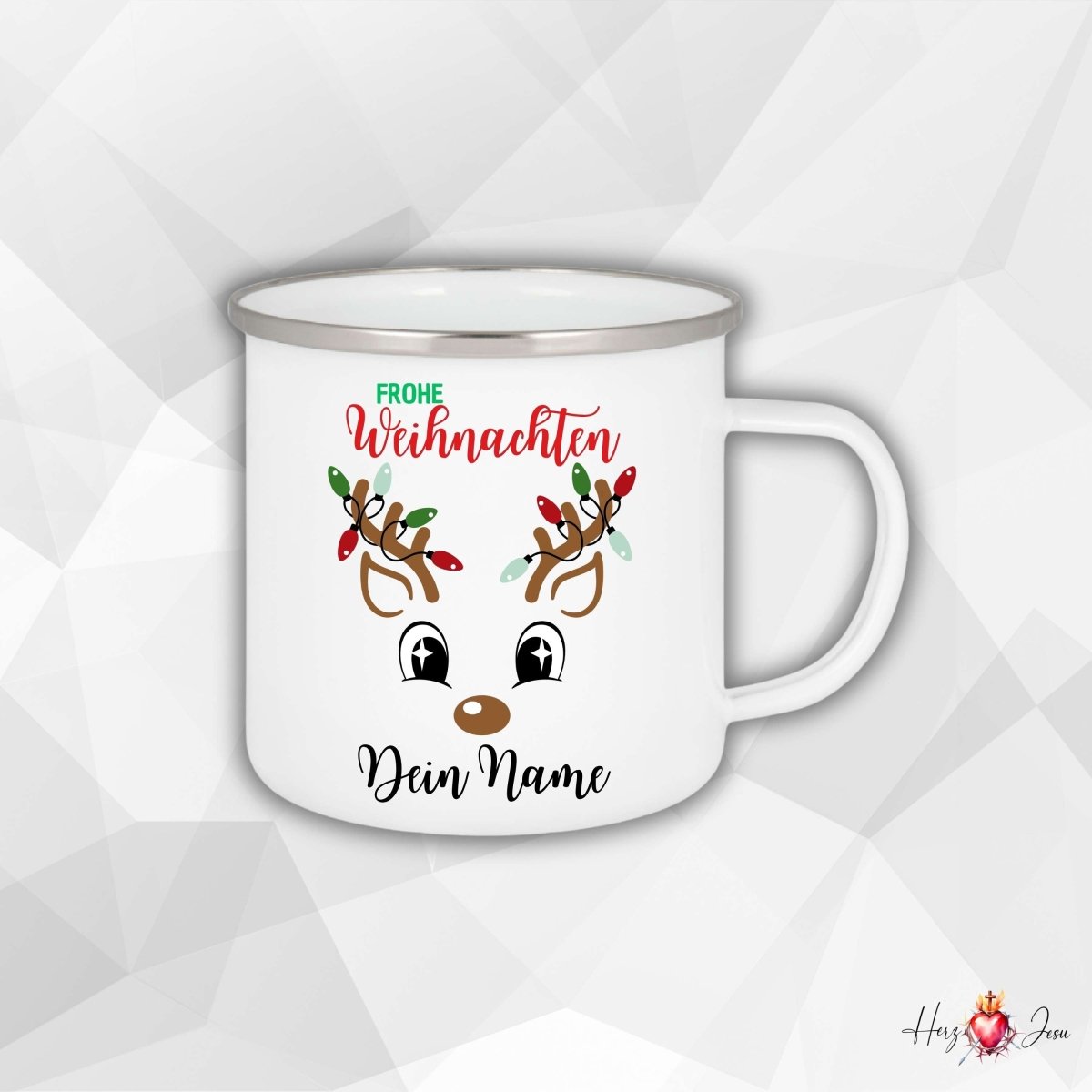 Personalisierte Emaille Tasse mit Namen Edelstahl Tasse Weihnachtstasse personalisiert Rentier Design als Geschenkidee_0028H - Herz Jesu