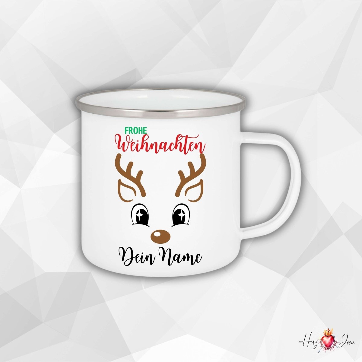 Personalisierte Emaille Tasse mit Namen Edelstahl Tasse Weihnachtstasse personalisiert Rentier Design als Geschenkidee_0028H - Herz Jesu