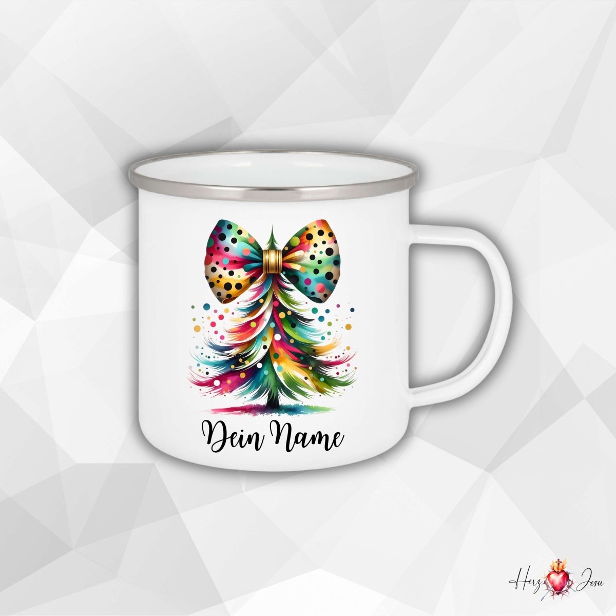 Personalisierte Emaille Tasse mit Namen Edelstahl Tasse Weihnachtstasse personalisiert Weihnachtsbaum Design als Geschenkidee_0029H - Herz Jesu