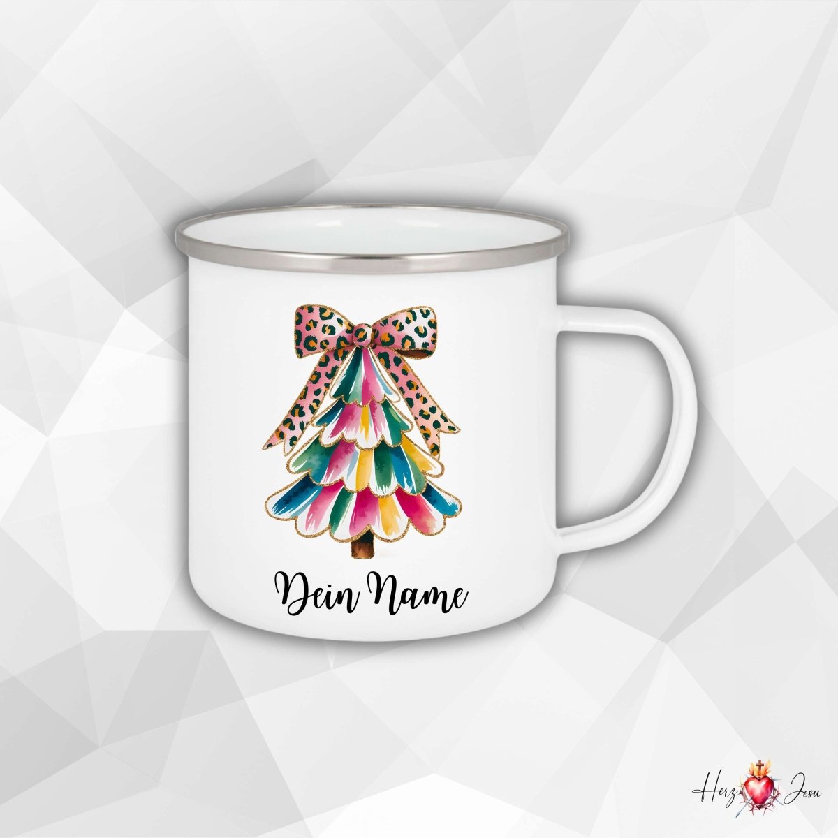 Personalisierte Emaille Tasse mit Namen Edelstahl Tasse Weihnachtstasse personalisiert Weihnachtsbaum Design als Geschenkidee_0029H - Herz Jesu