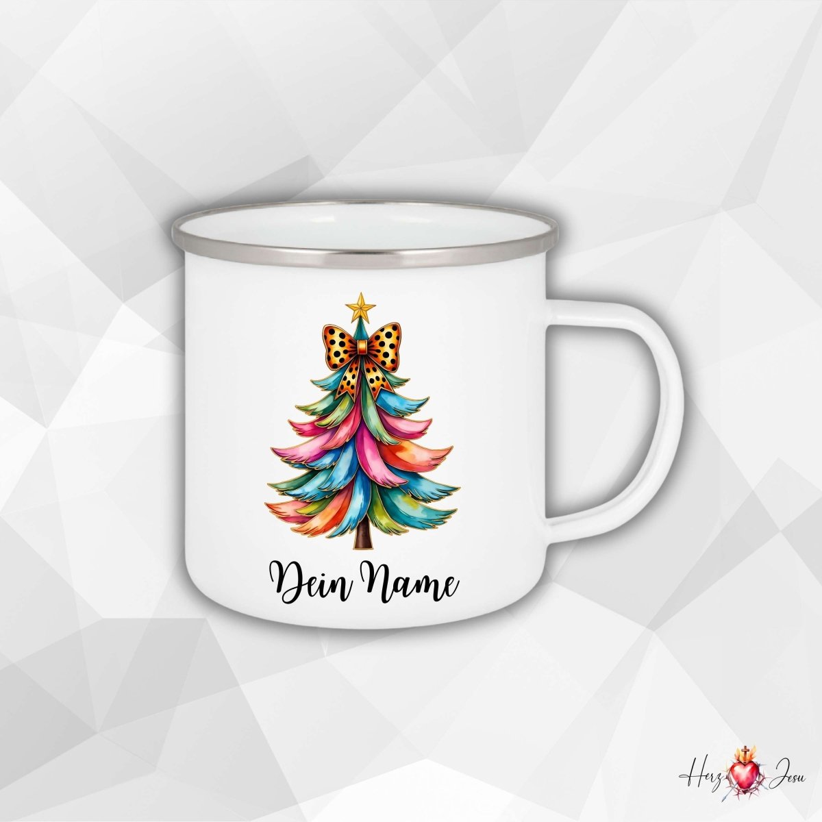 Personalisierte Emaille Tasse mit Namen Edelstahl Tasse Weihnachtstasse personalisiert Weihnachtsbaum Design als Geschenkidee_0030H - Herz Jesu