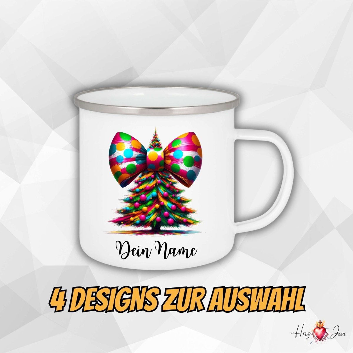 Personalisierte Emaille Tasse mit Namen Edelstahl Tasse Weihnachtstasse personalisiert Weihnachtsbaum Design als Geschenkidee_0030H - Herz Jesu