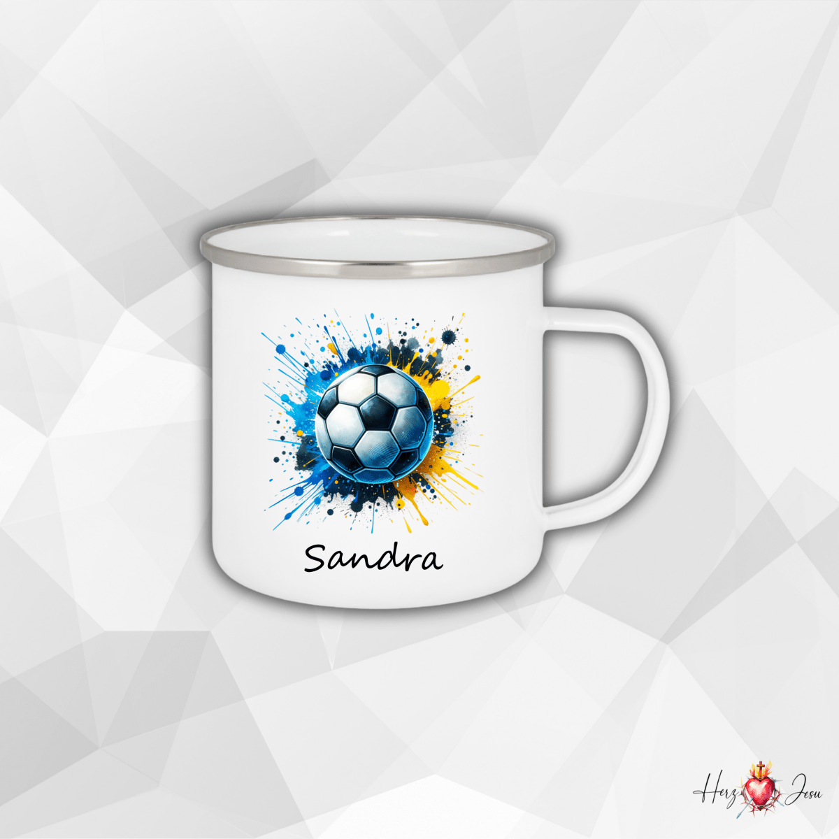 Personalisierte Emaille Tasse mit Namen Fußball Kindertasse Edelstahl Tasse_019H - Herz Jesu