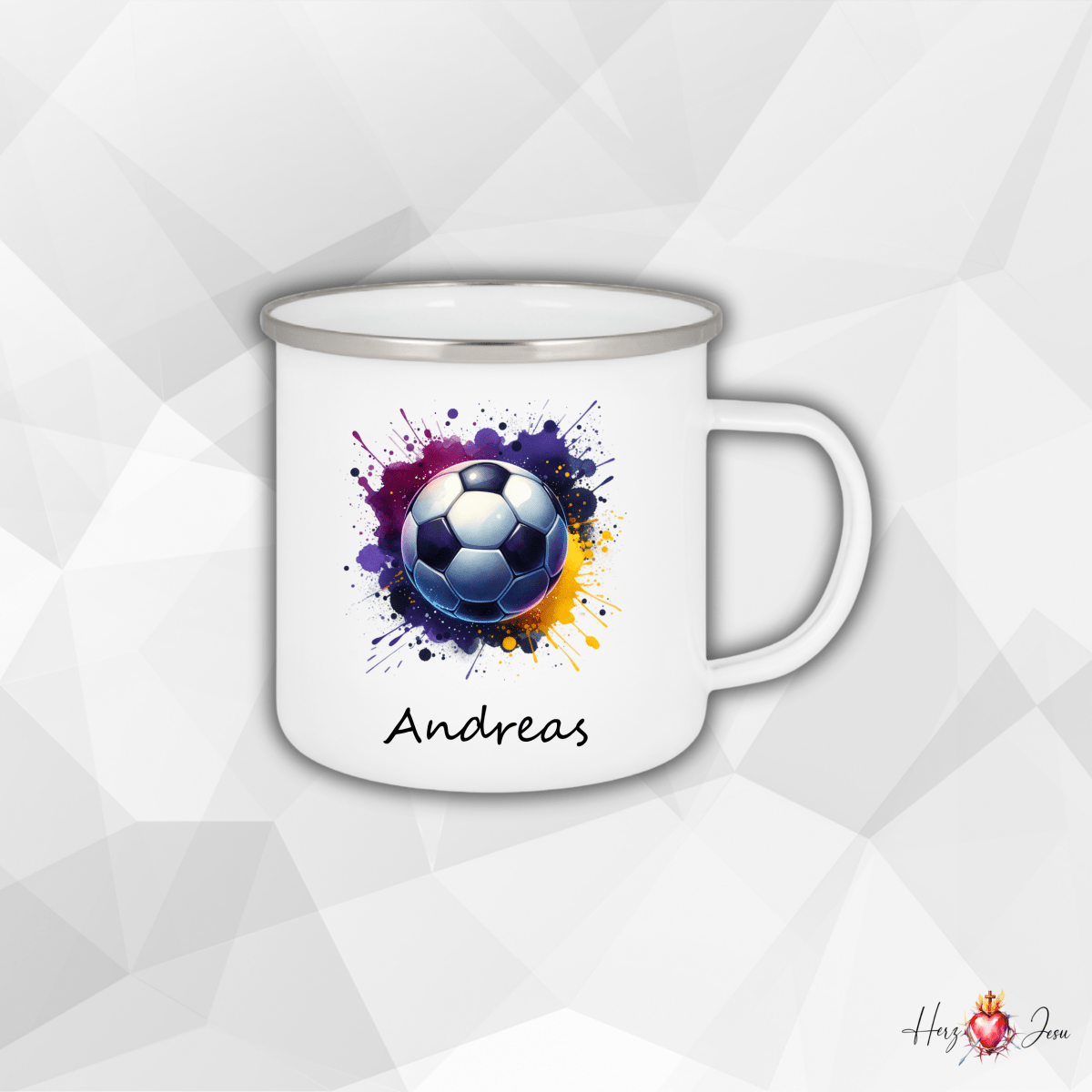 Personalisierte Emaille Tasse mit Namen Fußball Kindertasse Edelstahl Tasse_019H - Herz Jesu