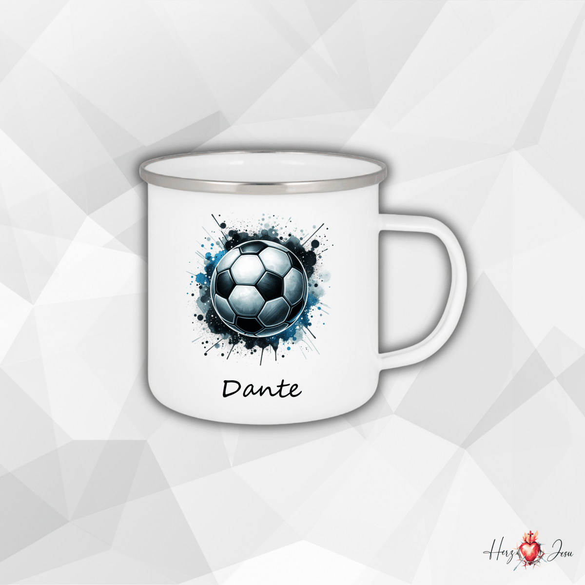 Personalisierte Emaille Tasse mit Namen Fußball Kindertasse Edelstahl Tasse_019H - Herz Jesu