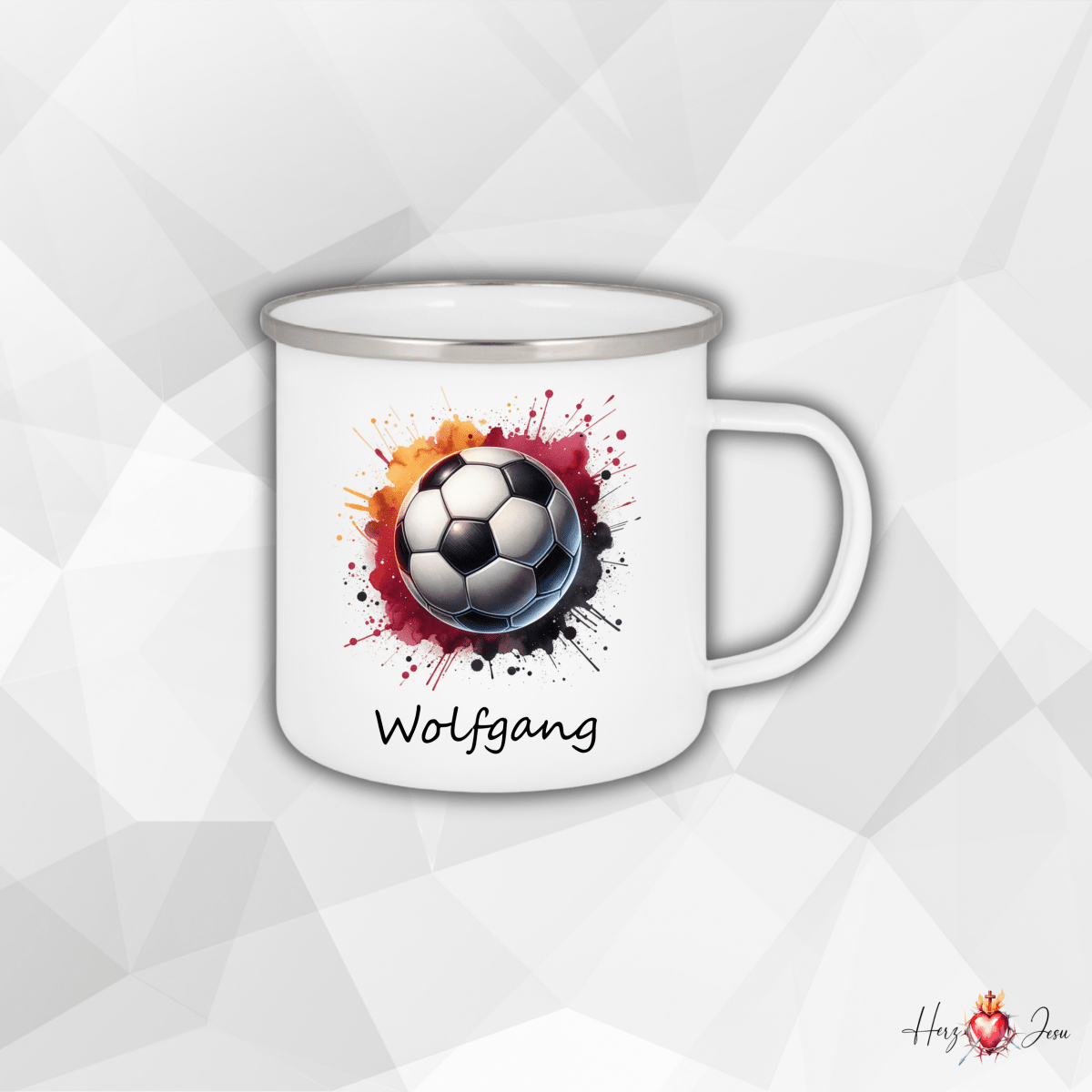Personalisierte Emaille Tasse mit Namen Fußball Kindertasse Edelstahl Tasse_019H - Herz Jesu