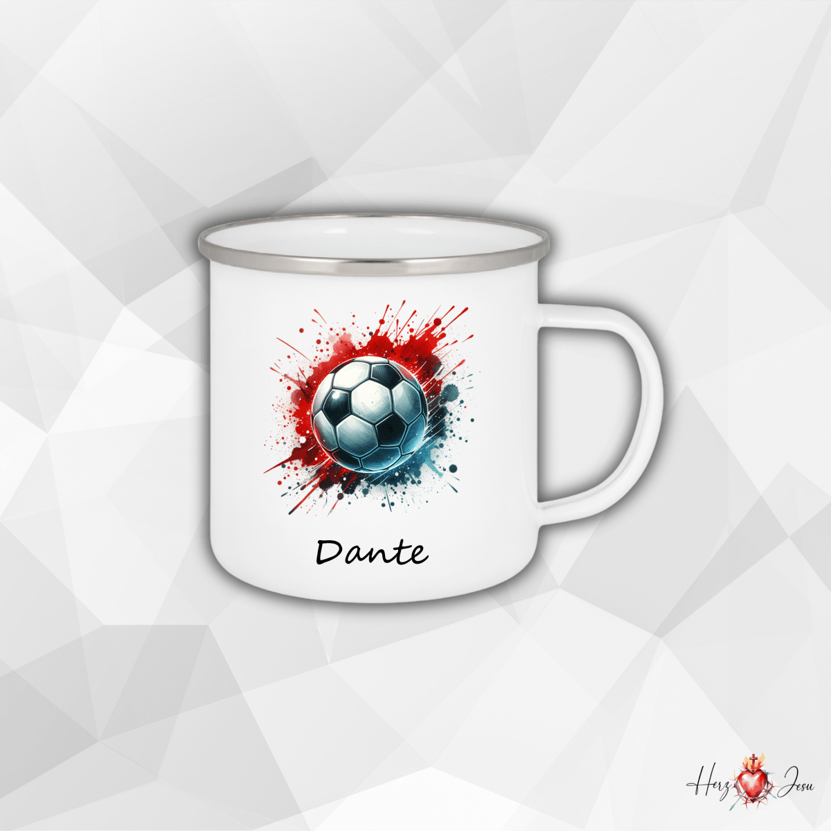Personalisierte Emaille Tasse mit Namen Fußball Kindertasse Edelstahl Tasse_019H - Herz Jesu