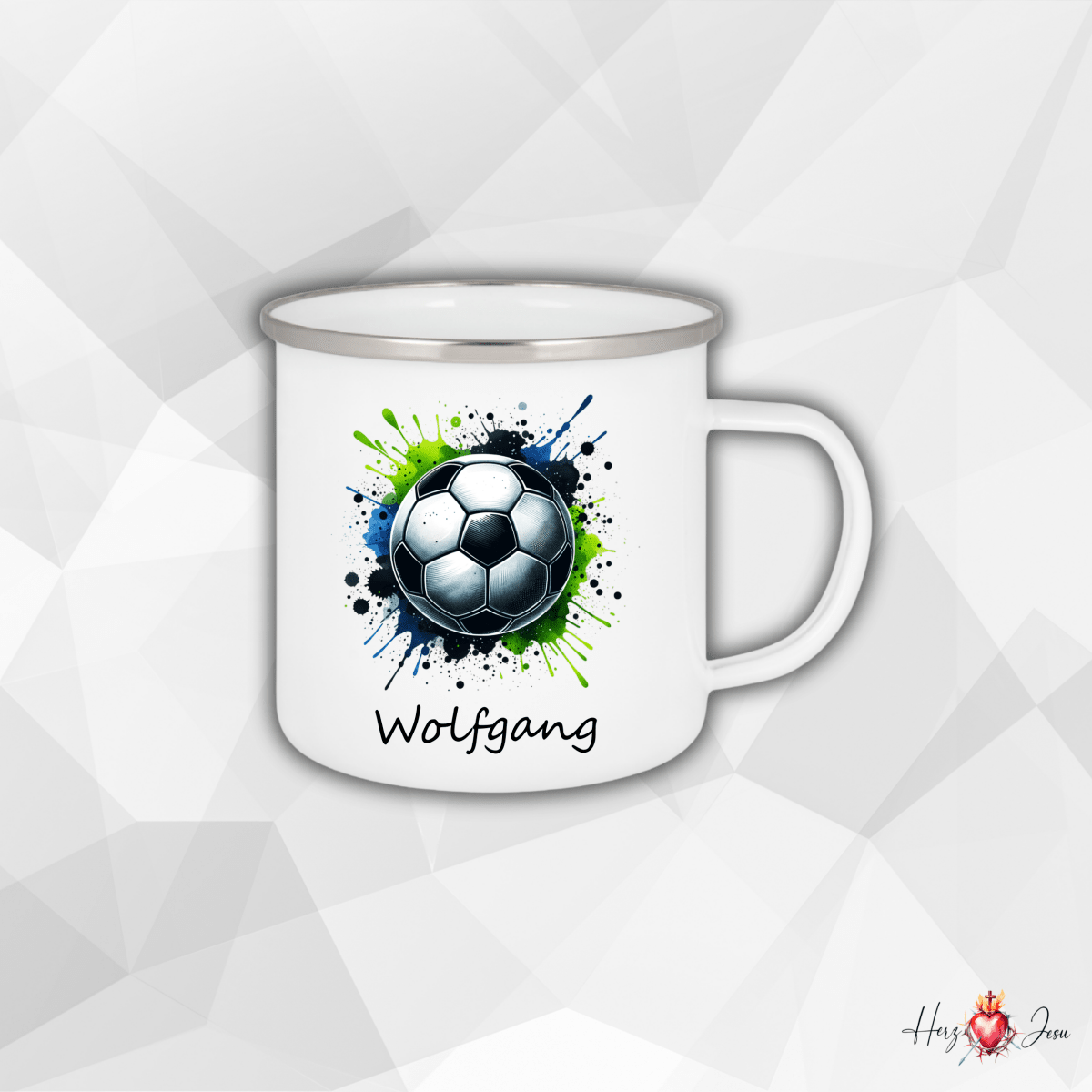 Personalisierte Emaille Tasse mit Namen Fußball Kindertasse Edelstahl Tasse_019H - Herz Jesu