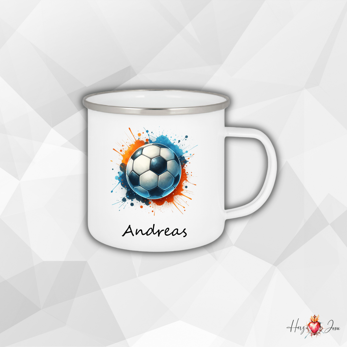 Personalisierte Emaille Tasse mit Namen Fußball Kindertasse Edelstahl Tasse_019H - Herz Jesu