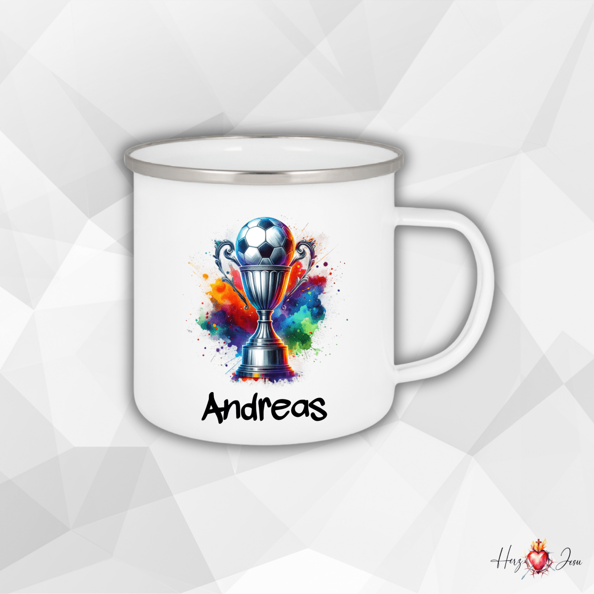 Personalisierte Emaille Tasse mit Namen Fußball Kindertasse Edelstahl Tasse_020H - Herz Jesu