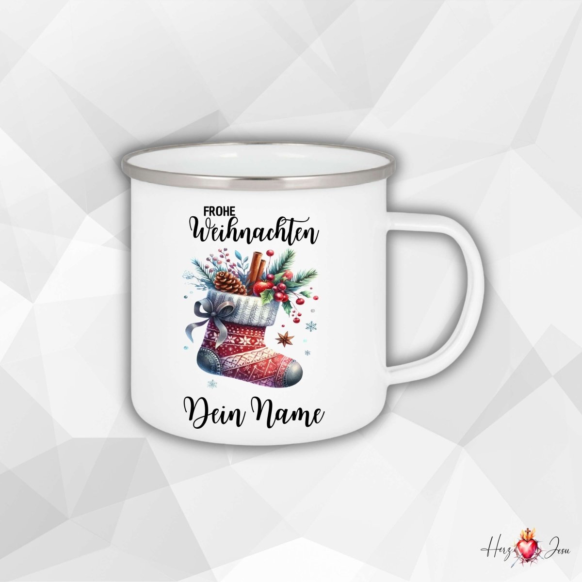 Personalisierte Emaille - Tasse mit Namen – Individuelle Kaffeetasse als Geschenkidee oder Weihnachtstasse_026H - Herz Jesu