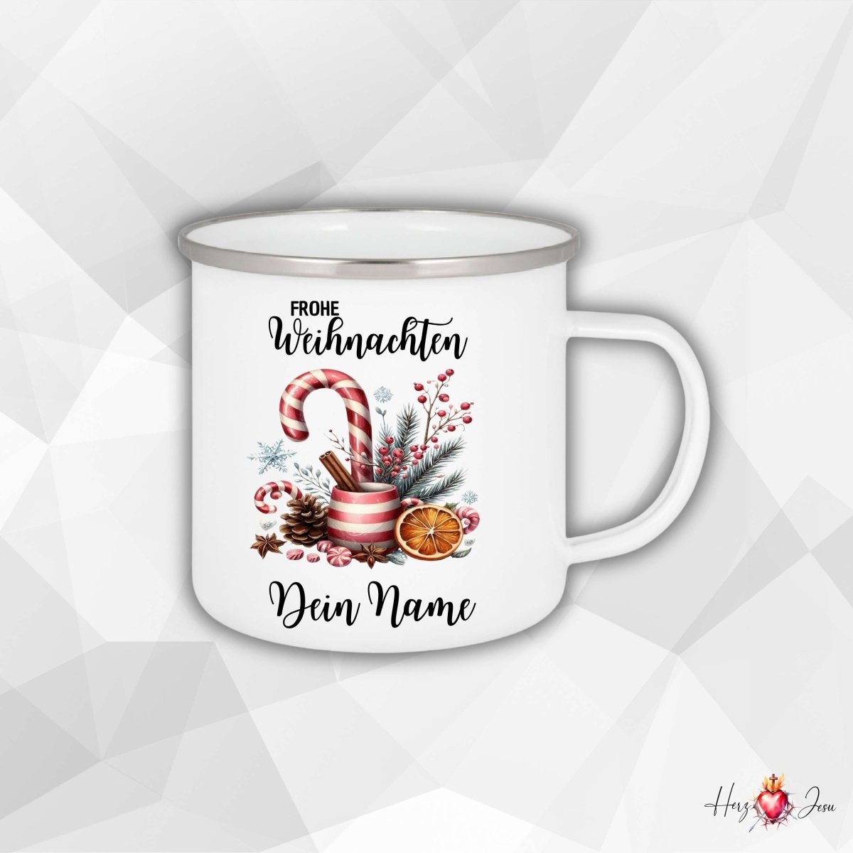 Personalisierte Emaille - Tasse mit Namen – Individuelle Kaffeetasse als Geschenkidee oder Weihnachtstasse_026H - Herz Jesu
