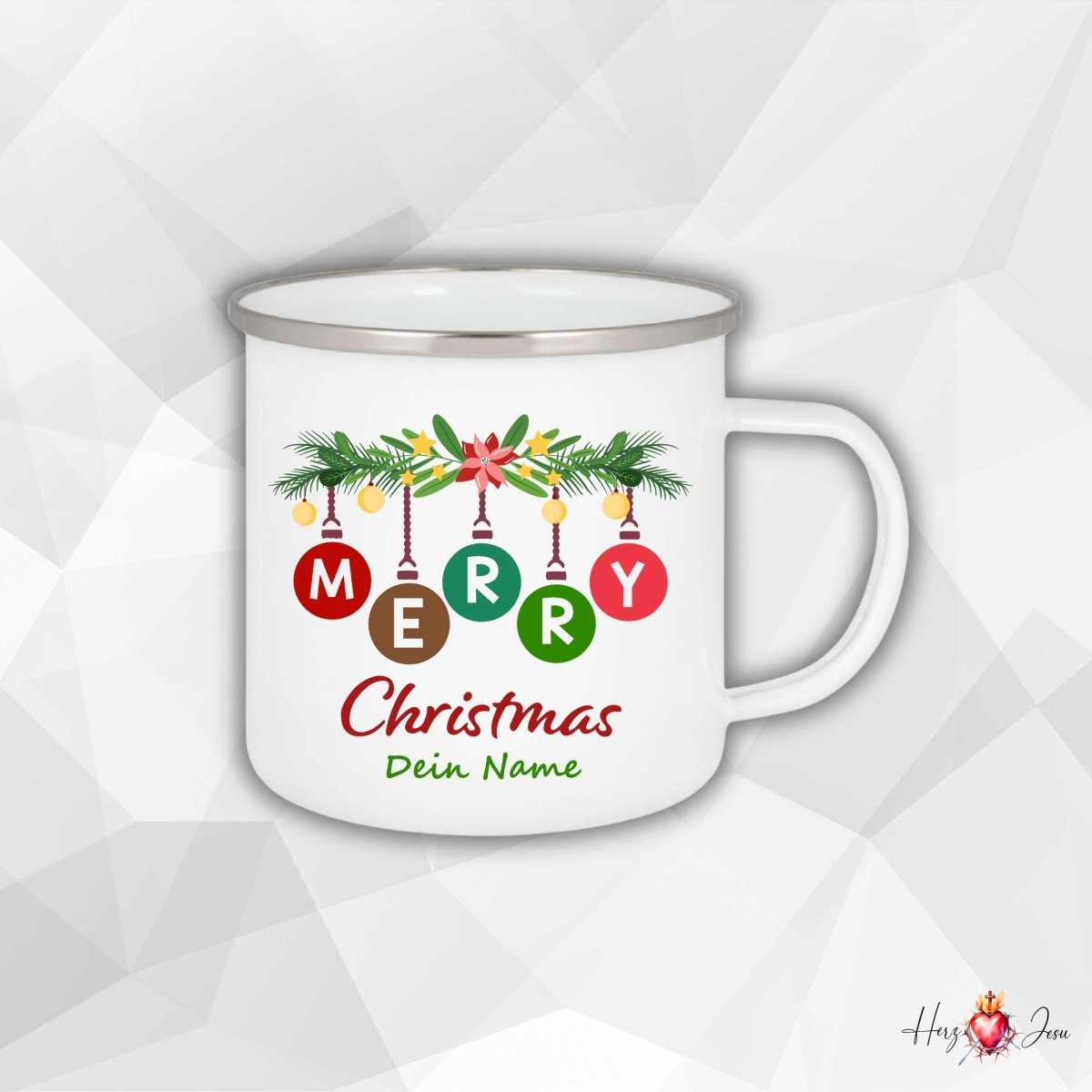 Personalisierte Emaille Tasse mit Namen Kaffeetasse Geschenkidee Geburtstag Weihnachtstasse_001H - Herz Jesu