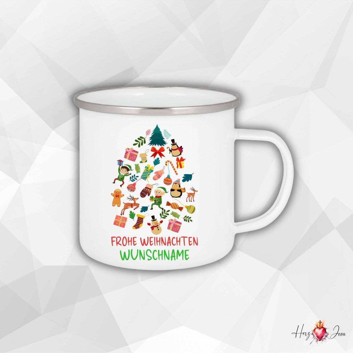 Personalisierte Emaille Tasse mit Namen Kaffeetasse Geschenkidee Geburtstag Weihnachtstasse_007H - Herz Jesu