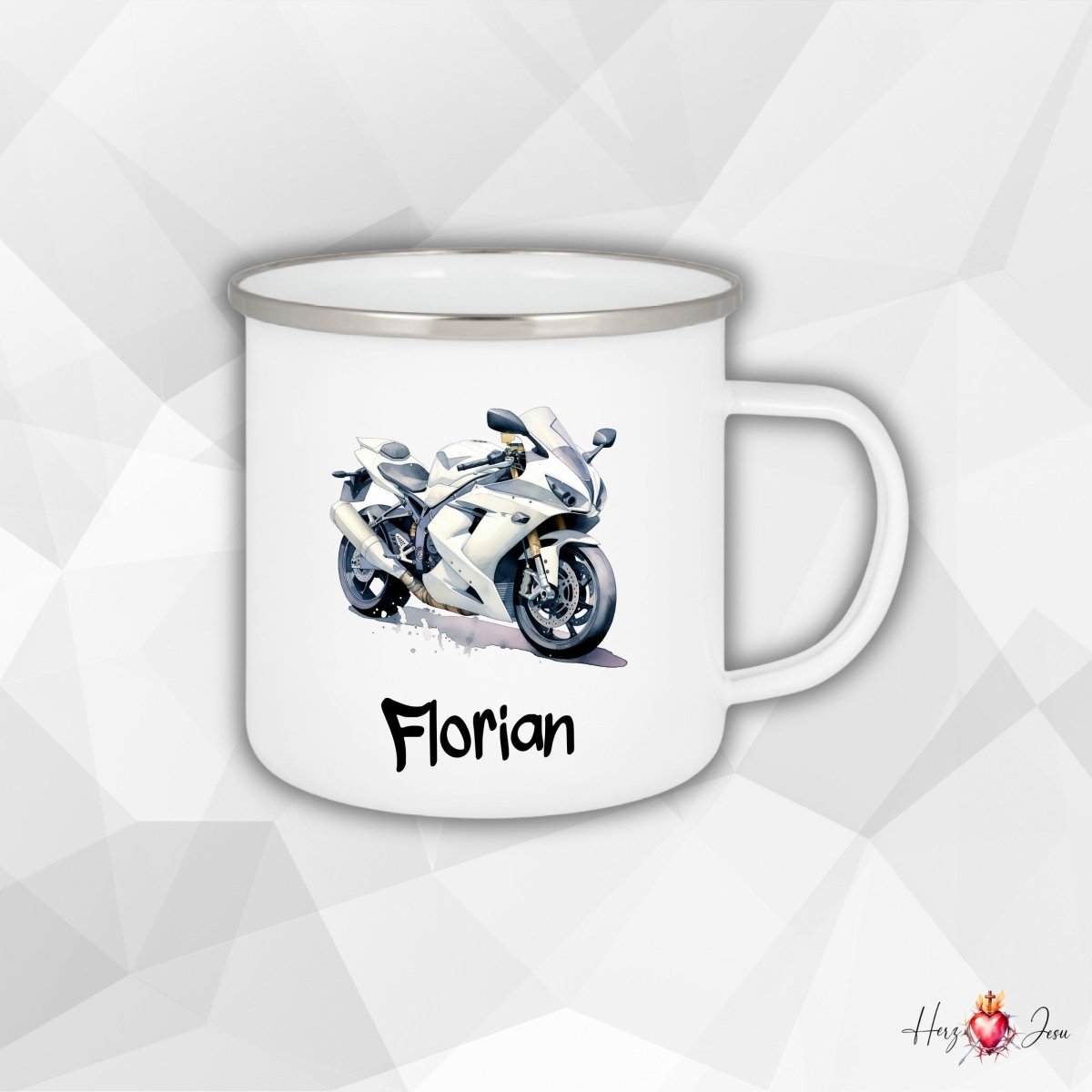 Personalisierte Emaille Tasse mit Namen Motorrad Kindertasse Edelstahl Tasse_021H - Herz Jesu