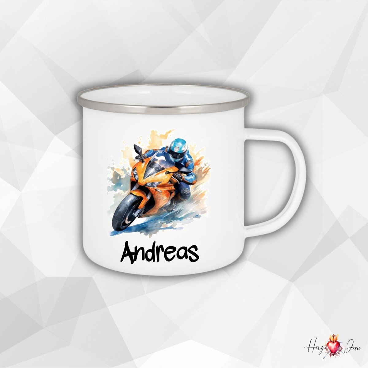 Personalisierte Emaille Tasse mit Namen Motorrad Kindertasse Edelstahl Tasse_021H - Herz Jesu