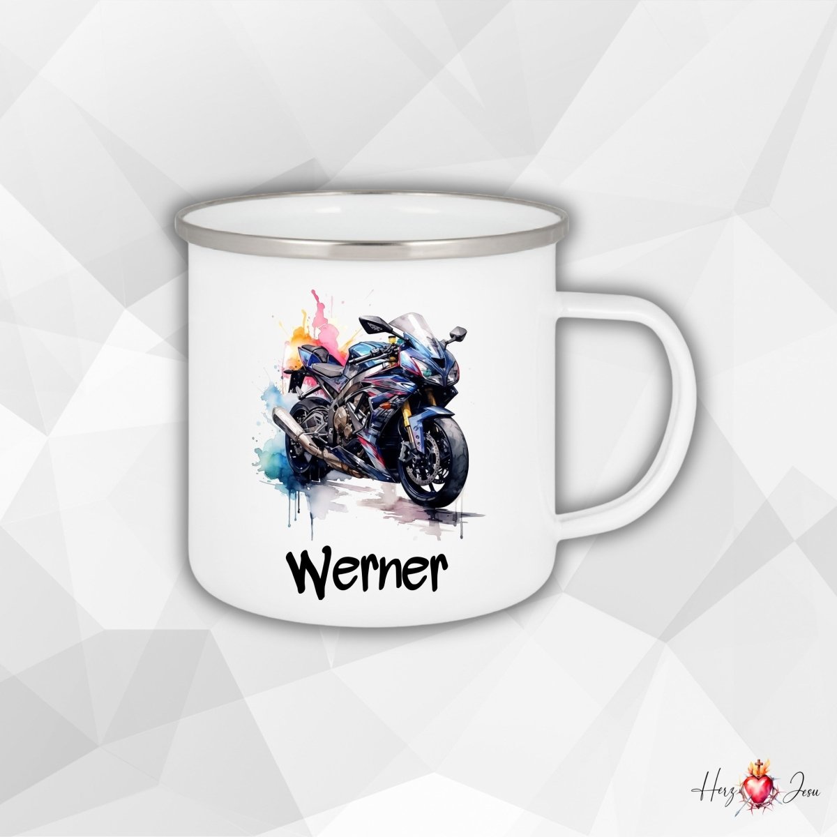 Personalisierte Emaille Tasse mit Namen Motorrad Kindertasse Edelstahl Tasse_021H - Herz Jesu