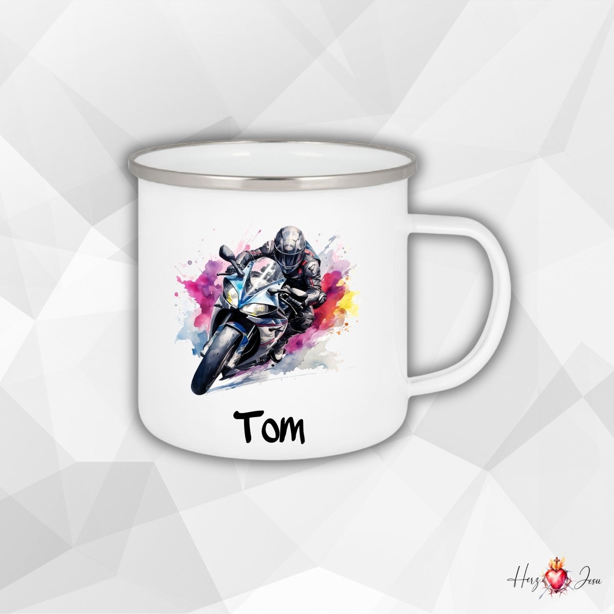 Personalisierte Emaille Tasse mit Namen Motorrad Kindertasse Edelstahl Tasse_021H - Herz Jesu