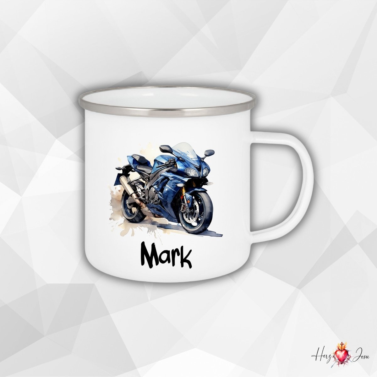 Personalisierte Emaille Tasse mit Namen Motorrad Kindertasse Edelstahl Tasse_021H - Herz Jesu
