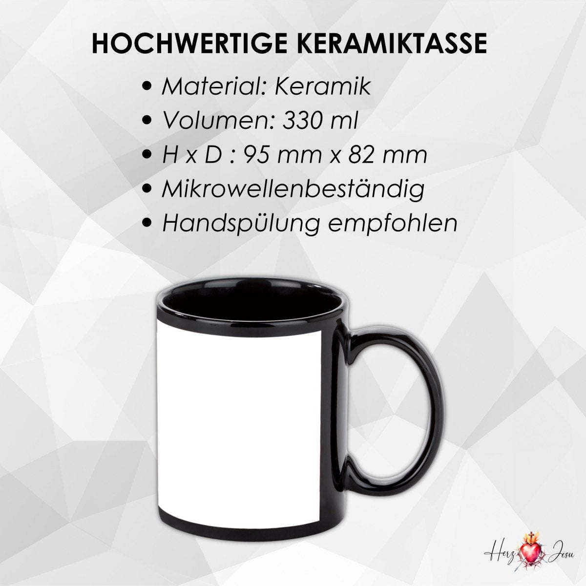 Personalisierte Fototasse Logo Werbeartikel schwarze Tasse bedrucken Fotogeschenke Weihnachtstasse_0084T - Herz Jesu